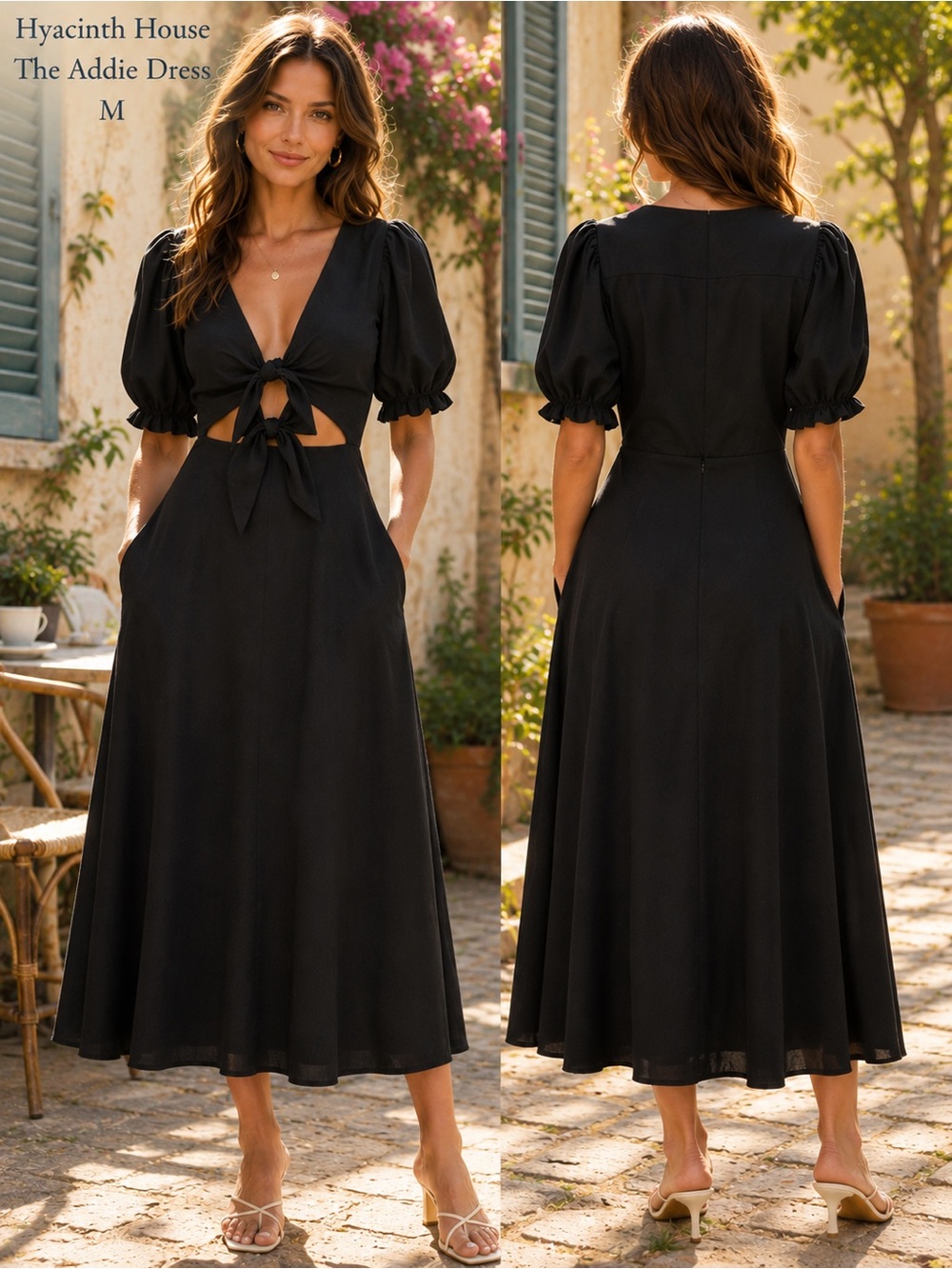 Hyacinth House Addie dress medium Linen blend Maxi Cutout Black pockets cottage